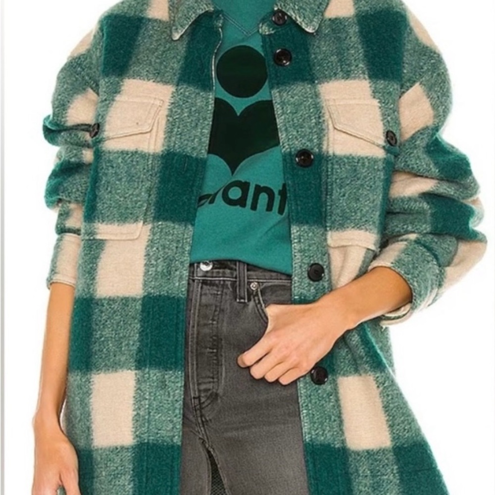 ISABEL MARANT ETOILE Harveli Blanket Shacket. Green/bone check.Oversized. EU 38